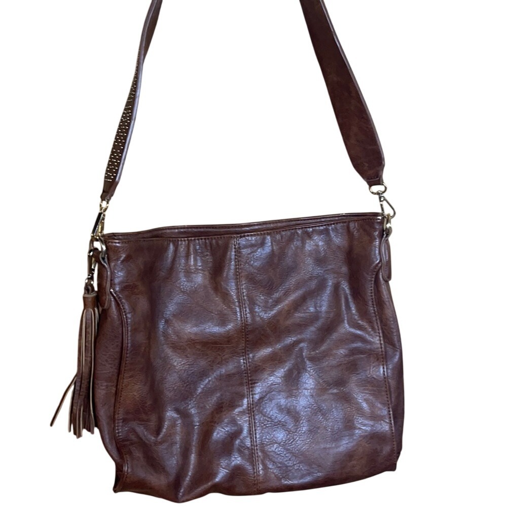 MMS Design Studio Brown Vegan Leather Studded Strap Hobo Bag with Tassel